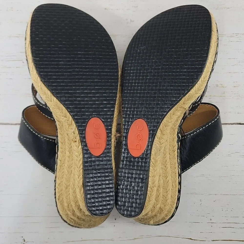 Born Boc Wedge‎ Sandals Womens 7 Black Leather Comfort Espadrille Strappy Shoe